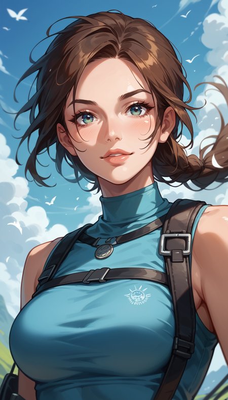 score_9, score_8_up, score_7_up, Anime Style, Portrait, Lara Croft, adventurer, cute, seductive, innocent, light smile:0.3, plump lips, slender body, her hair billowing in the wind, enjoying the stunning view, depth of field, dynamic angle, fashion photography, sharp, hyperdetailed:1.15