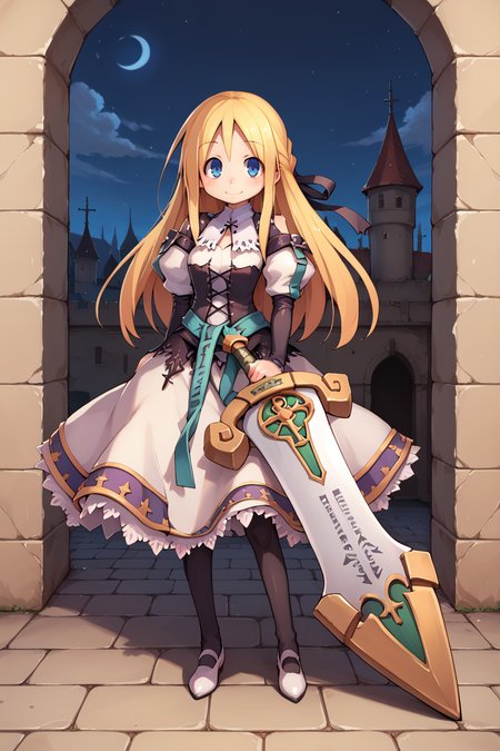 score_9, score_8_up, score_7_up, score_6_up, source_anime, BREAK, <lora:Yggdra:0.85> , yggdef, 1girl, blonde hair, long hair, blue eyes, hair ribbon, ascot, juliet sleeves, black sleeves, dress, cross-laced clothes, cross-laced dress, lace-trimmed dress, lace trim, corset, black pantyhose, white shoes, full body, solo, standing, holding sword, huge weapon, happy, smile, looking at viewer, (exterior), castle, night, fortress, <lora:backgroundsetXL:0.3> , background,   <lora:senbei_avocadochaya_XL:0.6>