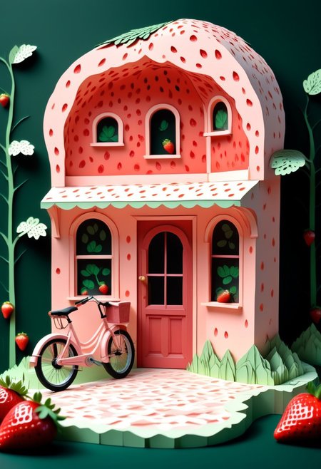 A Berry Good Bookstore:
A tiny corner bookstore shaped like a halved strawberry, with circular windows as seeds and green leafy trim forming awnings. A bicycle rests outside, a cat naps near the steps, and hand-painted signs advertise “Sweet Reads.” Composition is simple, centered, and inviting—storybook-like in warmth and composition.
Tags: minimalist composition, simple composition, clean lines, made of strawberry, low-poli, voronoi, voxels, transformed into a strawberry-themed landscape, strawberry-themed elements, illustration insanity, surrealist artistic textures, fluid realism, Paper Quilling,