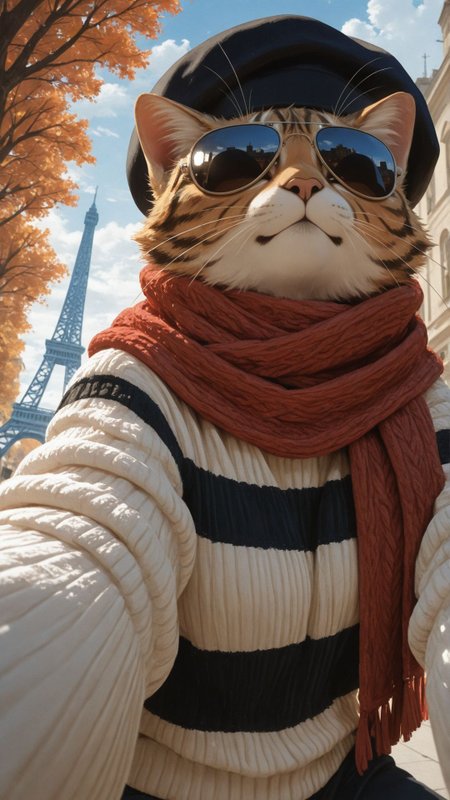animal, male, semi-realism, (painterly:1.3), <lora:add-detail-xl:1>
masterpiece,best quality,
tabby cat, orange cat, whiskers, aviator sunglasses, subtle reflection sunglasses, parisian outfit, wearing a knitted sweater, white sweater, striped sweater, horizontal stripes, black stripes, black beret, beret titlted a little, knitted scarf, red scarf, takinf a selfie,  
cool, confident expression, eiffel tower in background, street, buildings, trees lined on both sides of the road, autumn colored tress, cloudy sky, whimsical atmosphere, dreamy, fantasy seetings, detailed fur texture, fabric folds, soft lighting, shading, playful, elegant,  
facing viewer, from below,