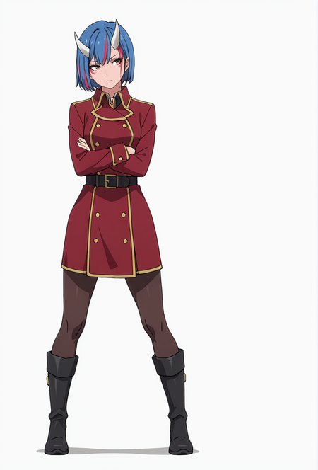 Smooth Quality,masterpiece,very intricate, high quality details, ultra realistic, high detailed skin,detailed enviorement,absurdres,
simple background, white background, 
,depressed,standing, arms crossed, head tilt, serious, balanced stance, confident,  ,
 <lora:Gobwa_cnn:0.8> gobwacnn,1girl, short hair,blue hair, multicolored hair, facial mark, streaked hair,white horns, brown eyes,shirt,red jacket, red coat, black belt, double-breasted, boots,