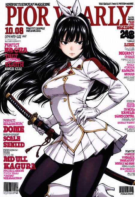 <lora:add-detail-xl:1>,masterpiece,best quality,absurdres,highres,detailed eyes,beautiful,detailed background,perfect eyes,realistic,solo,
magazine cover,fake magazine cover,english text,cover,fake cover,price,cover page,text focus,barcode,dated,cowboy shot,dynamic pose,
<lora:Kagura_Mikazuchi:1>,Kagura_Mikazuchi,1girl,long hair,pantyhose,boots,black hair,skirt,gloves,high heels,uniform,white gloves,black pantyhose,necktie,high heel boots,white footwear,very long hair,pleated skirt,bow,hair bow,black eyes,white bow,knee boots,breasts,white skirt,military uniform,hairband,ribbon,sheathed,white ribbon,bangs,hair ribbon,red necktie,medium breasts,long sleeves,miniskirt,jacket,katana,