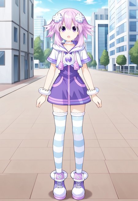 masterpiece, best quality, amazing quality, very aesthetic, absurdres, newest,shiny skin,, anime screenshot,  anime coloring, NepNep, purple hair, purple eyes, neptune (neptune series), NepNep, Fol001, Np_Def, purple hair, purple eyes, neptune (neptune series), d-pad hair ornament, cropped hoodie, closed hoodie, white hoodie, white hood, hood down, white choker, zipper dress, purple dress, white bracelet, collarbone, striped thighhighs, short sleeves, white thighhighs, blue thighhighs,
simple background,  city background,   open mouth, looking at viewer, xdive, Serious expression, Full body,