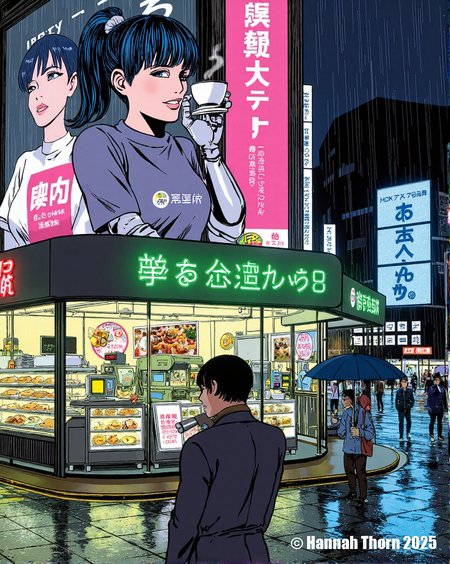 A vibrant, anime-inspired illustration of a futuristic bakery. In the foreground, a young woman with gravity-defying blue pigtails and robotic arm serves a cyborg pastry chef a steaming cup of cyber-matcha. The bakery is filled with hovering pastries, neon signs displaying calorie counts, and customers with augmented reality glasses. Outside, a rain-slicked street reflects the bakery's vibrant glow and the towering holographic advertisements above. A lone salaryman with an umbrella hurries past. The style blends the energy of Tokyo street fashion with the meticulous detail of a Studio Ghibli background. Emphasis on dynamic lighting, intricate details, and a sense of whimsical futurism. <lora:_Flux\_Painting\Crepax_Valentina.safetensors:1.0:1.0>