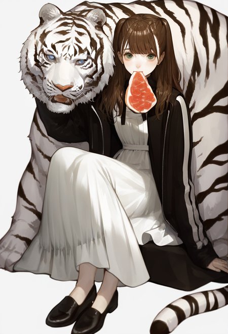 score_9, score_8_up, score_7_up, score_6_up, <lora:sakauchiXL_P6_lokr_V53P1:0.95>  1girl, tiger, meat, sitting, long hair, mouth hold, dress, solo, looking at viewer, jacket, animal, food, apron, black jacket, black footwear, bangs, white background, brown hair, long sleeves, simple background, shoes, white apron, food in mouth