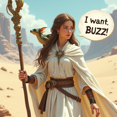 high definition, extremely detailed, 
masterpiece, photo realistic, 

This is a digital CGI image, A fantasy world with a 19-year-old girl who fights with magic, wields a staff that can cast spells, and has a child-sized dragon as her familiar, perched on her left shoulder.

large speech bubble says 'I want BUZZ', she is crossing a deserted desert during her training journey. She has run out of water in her canteen, and her throat is parched. Her familiar is also thirsty and looks up at the sky. 

She is dressed in medieval-style attire, consisting of a long, flowing white dress with a  cape draped over her shoulders. Her hair is long and brown, cascading over her shoulders. In her right hand, she holds a staff adorned with intricate carvings, and in her left hand,


