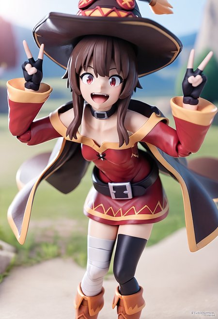 score_9,score_8_up,score_7_up,<lora:spfigmaFigurineXLPony2:0.8>,3d,figma,depth of field,blurry background,<lora:AEMegumin:0.8>,AEMegumindef,red eyes,Brown hair,Belt choker,red dress,off-shoulder dress,Black gloves,fingerless gloves,Belt,mismatched legwear,asymmetrical legwear,bandaged leg,black thighhighs,knee boots,hat,Black cape,happy,leaning forward,double v,