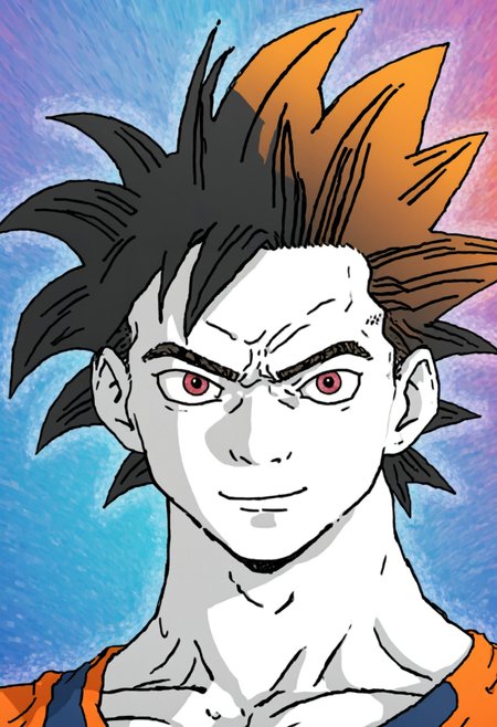 Flat 2D Art, (MS portrait zoomer:1.4), close-up of goku from dragonball, detailed, raw, gritty, grainy texture, abstract geometric gradients, colorful background <lora:zoomer_v3:1>, simple flat color, 2-dimensional, Flat 2D Art Style