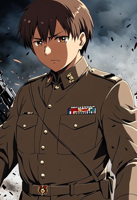 high resolution, solo, best quality, 1Boy, Takaki Toono, Brownish Hair, Brown Eyes, military, action, OverallDetail