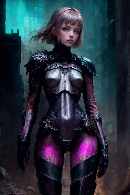 [colorized],muted colors,RAW photo,realistic,detailed,8k uhd, dslr, soft lighting,natural lighting,volumetrics dtx,dim light
(cyborg:0.6) girl with Ella Freya face, 
metal,concrete,scratches, reflects,muddy,gothic,muted colors,dark colors,,,mega structures, giant buildings ,decrepit scenery,leg pivot
<lora:blame5:0.7> <lora:LAS:0.6><lora:epiNoiseoffset_v2:0.3> <lora:LowRA_v20:0.5>