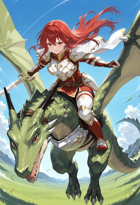 SmoothNoob_Quality,masterpiece,sky,flying,full body,1girl,1other,solo,large breasts BREAK wyvern rider,dragon riding,knight,green dragon,flying,breastplate,open mouth,shoulder armor,pegasus knight uniform \(fire emblem\),<lora:wyvern rider-NAI:1>,<lora:NOOB_vp1_detailer_by_volnovik_v1:1>,smile,holding sword,closed mouth,