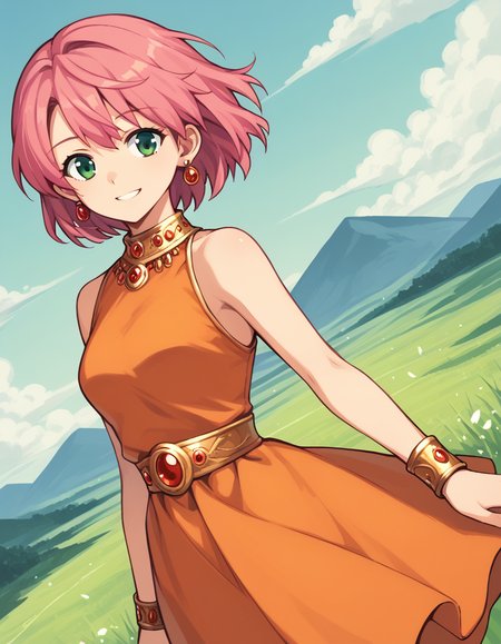 score_9, score_8_up, score_7_up, source_anime,
lennacharlottetycoon, <lora:lenna-charlotte-tycoon-ponyxl-lora-nochekaiser:1>,
short hair, green eyes, pink hair,
normlenna, dress, jewelry, earrings, sleeveless, bracelet, orange skirt, orange shirt, orange dress,
outdoors, landscape, smile,
looking at viewer, solo, cowboy shot, dutch angle,