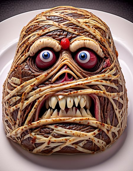 Food Photography a beef steak in (eddie:1.15) style, looking like a mummy, on a plate, hyper detailed, highly intricate,  ,,, Food Photography, often for culinary presentations, delicious visuals, or gastronomic art.
