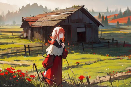 (otherworldly), highly insanely detailed, masterpiece, top quality, best quality, highres, 4k, 8k, RAW photo, (very aesthetic, beautiful and aesthetic), farm, fields, barn, fence, fantfa, <lora:FantasyFarm-10:0.6>, 
1girl, 
(pure white hair,dark red hair ), 
(ginger background),âââ