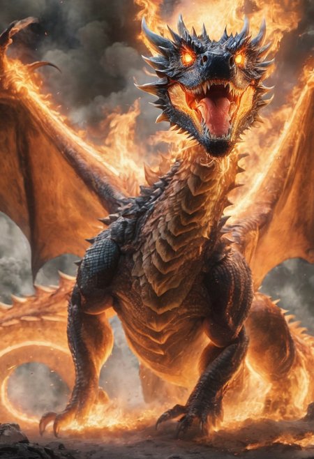 upscale, a fire dragon, body made of fire, massive gigantic fire dragon, fierce, roaring, looking at the viewer,  hyperrealistic, fantasy, flying around, angry, highly detailed body, super realistic, hi_res, absurd detailed, very detailed face, detailed wings,