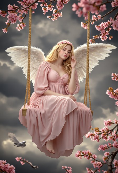 digital painting featuring an angelic figure with fair skin and long, wavy blonde hair adorned with delicate pink flowers. She is seated on a swing made of pink fabric, which hangs from two golden ropes. The swing is suspended in a fantastical, ethereal setting with a background of swirling, dark gray clouds. The angel has large, white wings that are slightly spread, adding to her celestial appearance., 
The angel is dressed in a flowing, pale pink dress with a sweetheart neckline and puffy sleeves, which is layered and ruffled, giving it a soft, dreamy texture. She is sitting with her legs crossed, her hands resting gently on her lap, exuding a serene and contemplative expression. Her eyes are closed, as if lost in thought., 
Surrounding the angel, there are cherry blossom branches with delicate pink flowers, adding a touch of natural beauty to the otherwise otherworldly scene. The sky above is illuminated by a soft, warm light, casting a gentle glow on the angel and the surrounding elements. The overall mood of the painting is one of tranquility and ethereal beauty, blending elements of fantasy and nature., <lora:aidmaImageUpraderv0.3:0.4>, aidmaimageupgrader, <lora:diffusion_pytorch_model:1>, <lora:aidmaMJ6.1_v0.5_3:0.7>, aidmaMJ6.1, ultra quality, ultra detailed, intricate details