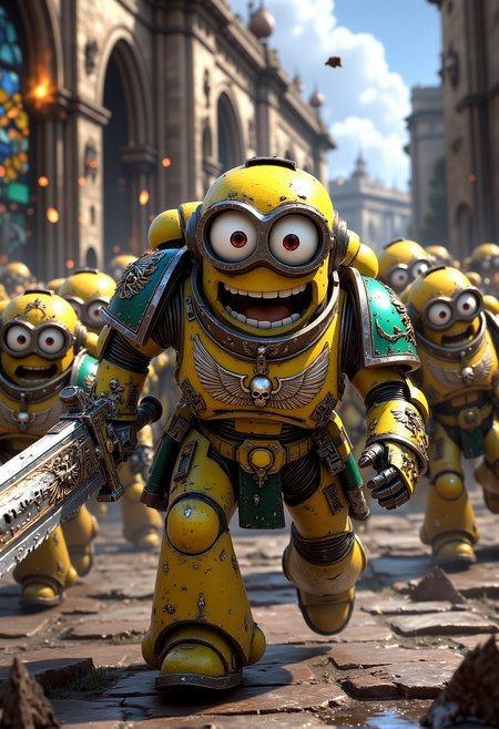 space marine. A Minion with oversized goggles dressed in ceremonial armor with a polished shine, covered in intricate Minion symbols and cartoonish purity seals. The Minion is without a helmet (no helmet:2.0), showcasing their iconic Minion goggles, expressive eyes, and wide smile. The Minion is wielding a power sword with a glowing edge, banana-themed pommel and glowing runes. The Minion is depicted in a scene such as: charging across a battlefield, goggles gleaming in the sun, with other Minions charging alongside in various formations. The Minion's expression is shouting fiercely with eyes wide, adding to the comical feel. The scene should be depicted in a colorful but gritty Warhammer 40k style, with bright yellows and blues to emphasize the Minionsâ classic color scheme. The armor and weapons are detailed with ornate designs, but humor is maintained through Minion-themed accessories and comical touches. Witty details include: a Minion Chaplain wearing a robe, with a giant yellow smiley face badge pinned to it. Background elements should resemble classic Warhammer 40k settings but with a humorous Minion twist, such as: an Imperial shrine with Minion-themed stained glass depicting bananas, gears, and goggles. , <lora:sm2.safetensors:1.0:1.0>