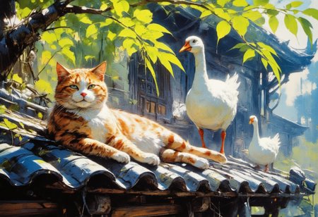 A tranquil and picturesque photograph of two ginger cats lounging on the traditional tiled roof of an old-style building. One cat is peacefully lying down with its eyes closed, basking in the warmth of the sun, while the other is actively exploring, stepping carefully along the curved tiles. The cats' vibrant orange fur contrasts beautifully with the dark blue-gray tones of the roof tiles, creating a harmonious yet visually striking composition.
In the background, the blurred view of a traditional structure with wooden windows and intricate detailing adds depth and context to the setting. Bright green leaves from a nearby tree hang into the frame, illuminated by sunlight, adding a fresh and lively touch to the otherwise calm and serene scene.
The natural lighting enhances the colors and textures, with the sunlight casting soft shadows across the roof and accentuating the curves of the tiles. The overall atmosphere is peaceful and idyllic, capturing a quiet moment of life in a traditional, rural environment.
 a group of white geese walking in a single file along