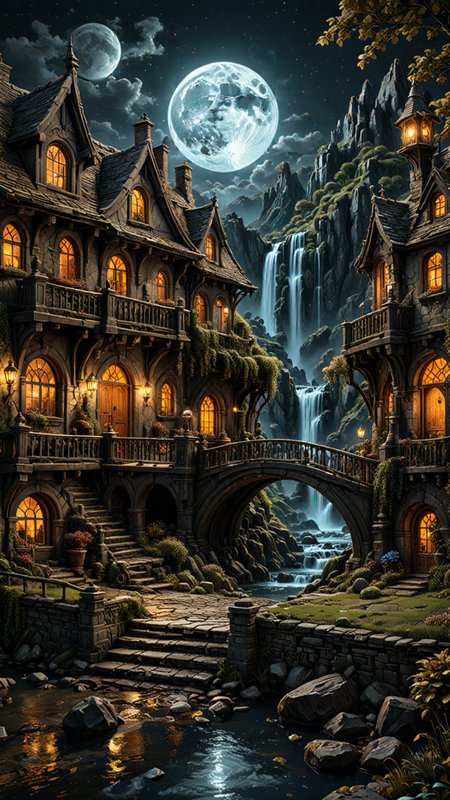 photorealism, intricate details, extremely detailed, masterpiece, masterpiece, Outstanding intricacies, best quality, hires textures, high detail, incredibly detailed, Cinematic Lighting, at night, A hobbits Mansion, River, Bridge, waterfall, Large Marble Moon, intricately detailed, true masterpiece, UHD, vibrant neon, studio quality Overall Detail, Painstaking attention to details, Epic, UHD , <lora:3D_Framed_Wall_Art_-_By_DICE:1>. (3D Framed, Moon), (Use Dream Diffusion Secret Prompt)
