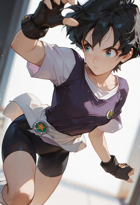 masterpiece, ultra-HD, cinematic lighting, impressionism (1.5), high detail, depth of field, (blurred background), (dramatic lighting),masterpiece, best quality, very aesthetic,8k,masterpiece, best quality, masterpiece, best quality, 8k, 
videl, 1girl, solo, blue eyes, black hair,
outfit2, short hair, fingerless gloves, black gloves, white shirt, purple shirt, bike shorts, black shorts, socks,simple_background,  half close-up, sexy pose,
((slim body)), (small breasts), Dynamic angle, Dynamic pose,