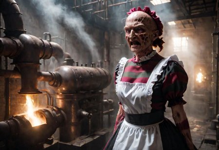 4k, Cinematic style of (Freddy Krueger:1) wearing (maid costume:1.2), holding a skull, old boiler room, old pipes leaking steam, old cellar. god rays, Shallow depth of field,  vignette,  highly detailed, high res, high budget,  bokeh,  Cinemascope,  moody,  epic,  gorgeous