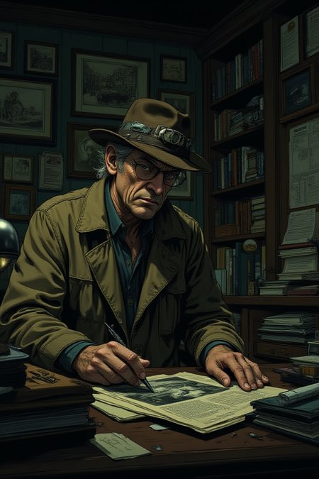 illustration, cartoon, anime, manga, drawing, A gray-haired private detective in a rumpled trench coat sits behind his cluttered desk, staring at a black-and-white photograph. His office is dimly lit, the only light coming from a single desk lamp. The detective's face is hard and lined, reflecting years of difficult cases.