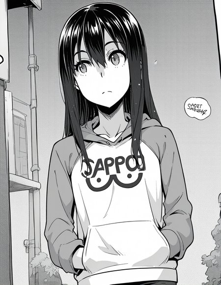 score_9, score_8_up, score_7_up, source_anime, sakiyoshida, <lora:saki-yoshida-manga-ponyxl-lora-nochekaiser:1>, saki yoshida, long hair, hair between eyes, monochrome, greyscale, black hair,, <lora:oppai-hoodie-ponyxl-lora-nochekaiser:1>, oppai hoodie, hoodie, raglan sleeves, clothes writting, hands in pocket,, outdoors, street,, cowboy shot, dutch angle, solo,