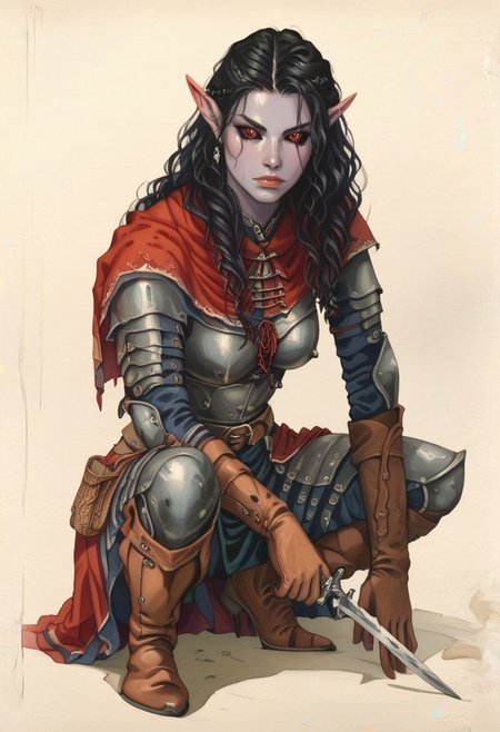 PDXLxxx ((score_9, score_8_up, score_7_up)), masterpiece, perfect anatomy, perfect face, 1girl, oblivionarts BREAK dark hair, long hair, shaved sides, short pointy ears, red eyes, black sclera, gray skin, large breasts, fit BREAK leather armor, leather gloves, holding dagger BREAK simple background, traditional art, medieval, crouching