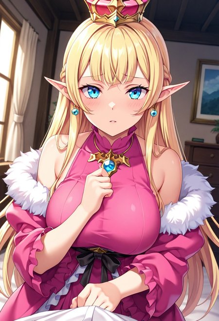 general,highres, ultra-detailed,very aesthetic,best quality ,best hands,best eyes,easynegative,
dynamic anglre, dutch angle, anime cloring,
1girl solo,looking at viewer,indoors,bedroom,embarraced,
Evelyn Moanarl,blonde hair,long hair,pointy ears,crown,blue eyes,large breasts,earring,pink bare shoulders dress,robe,