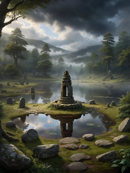 oil painting, A mystical Druid site in a secret forest, dramatic clouds, dark clouds, (misty:1.5), fog rolling in, creepy atmosphere, dramatic light, (darkness:2.5), 34K uhd, masterpiece, high detail, 8k, intricate, detailed, high resolution, high res, high quality, <lora:add-detail-xl:1.8>, highly detailed, Extremely high-resolution details, fine texture,