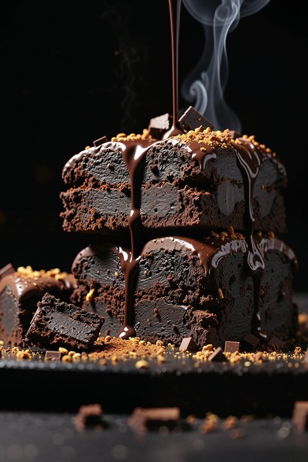 Molten dark chocolate slowly poured over stacked brownies, warm tones, shallow depth of field. Crumbs scattered on matte black plate, steam rising subtly in the background. High-end close-up food shot, cinematic 4K resolution, creamy bokeh