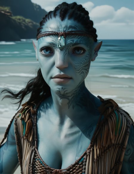 ((Solo)), 1girl,  blue skin, looking at the viewer, frontal view, portrait, blue eyes, beach background, cleavage, frontal pose, tattoos <lora:Taunui_Tsàhik:0.8> taunui_tsahik, score_9, score_8_up, score_7_up, score_6_up