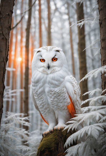 A mystical magazine cover showcasing a white owl with glowing orange feathers, perched in a completely white, ethereal forest. The radiant feathers stand out against the pristine background, adding a magical and surreal element to the scene. Exotic and surrealistic animal photo, captured with a Canon EOS R5, RF 50mm f/1.2L USM lens.