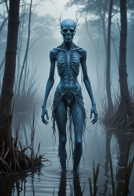 (medium full shot) of (eerie hybrid creature) with translucent blue skin, bark-like skin, leafy hands, elongated skull, tail, ethereal glow, ethereal wisps, in set in  a misty swamp, where twisted trees rise from murky waters, their roots tangled in dense patches of reeds and cattails, shrouded in an ethereal fog, during twilight, Masterpiece,best quality, photo, realistic, very aesthetic, detailed face,