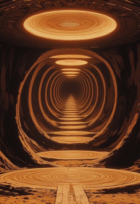Masterpiece, best quality, surreal and mesmerizing, an endless series of circular pathways etched into the ground, each circle nested perfectly within the next, extending infinitely into the horizon. The pathways are illuminated by a soft, golden glow, with intricate, geometric patterns carved into their surfaces, blending ancient and futuristic designs. Subtle gradients of light ripple outward from the center, creating a hypnotic effect, while shadows from an unseen light source add depth and contrast. The surrounding environment is an endless, smooth plain shrouded in a faint, ethereal mist, with the circles fading seamlessly into infinity, evoking a sense of boundlessness and eternal symmetry.