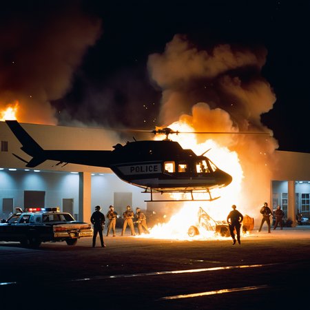 cinematic film still of  <lora:add-detail-xl:1>
<lora:detailed:0.3>
<lora:perfection style:0.3>
<lora:xl_more_art-full_v1:0.3>
 <lora:Lethal Weapon film style:0.9>
a police helicopter flying over a building with a fire in the background at night,outdoors,multiple boys,military,ground vehicle,building,scenery,motor vehicle,smoke,6+boys,aircraft,car,airplane,vehicle focus,lights,truck , cinematic, film, 1980's, kodak, action themed, Lethal Weapon film style, shallow depth of field, vignette, highly detailed, high budget, bokeh, cinemascope, moody, epic, gorgeous, film grain, grainy