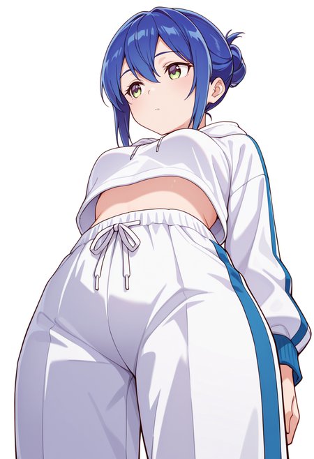masterpiece,high quality details,absurdres, 
<lora:Mamiya_Kanoko:0.8> 
kanoko_cnr, 1girl, blue hair,hair between eyes, sidelocks, single hair bun,, simple background, white background, from below,solo,, d:,, gym shirt,cropped hoodie  ,pleated pants,  ,checkered legwear,
