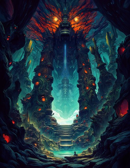ancient gate in dense jungle, mysterious atmosphere, dense vegetation, deep rich colors, digital paint, unusual, intricate, cyberpunk, aidmamj6, <lora:aidmaMJ6.1_v0.3:0.5>, <lora:FluxDFaeTasticDetails:0.8>, <lora:CPA:0.3>,  <lora:ck-70sScifi:0.2>, (ck-70scf:0.5)