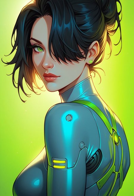 score_9, score_8_up, score_7_up, 
source_cartoon, 2d, 
<lora:DetailedEyes_last:1>, green eyes,
high quality, , solo, Tron style, Quorra (Tron: Legacy), black hair, hair over one eye, bodysuit, neon trim, arm gloves, latex bodysuit, TRON suit, large breasts, Round Breasts, (close up:1.2)
