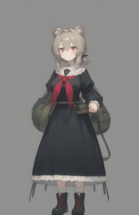 score_9,score_8_up,score_7_up,1girl,solo,light_blush,
<lora:Abstinthe-Pony-07:0.8>,
abstinthe-base,animal ears,bear ears,pink eyes,short hair,brown hair,grey hair,bear girl,hair between eyes,short ponytail,large breasts,very long sidelocks,hair intakes,over shoulder,(long front hair:1.4),
black dress,black footwear,boots,dress,long sleeves,neckerchief,official alternate costume,red neckerchief,white socks,white collar,puffy sleeves,frilled_dress,
simple background,standing,holding helmet,