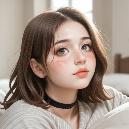 score_9, score_8_up, score_7_up, score_6_up, score_5_up, inside, bedroom, bed, cushions, soft shadows, soft lighting, source_cartoon, on_model, closeup, dongari, raw, photo, realistic, face shot, profile, blurred background
1girl, cute face, freckles, messy medium hair, looking up at viewer, detailed face, beautiful eyes, plump lips, round face, choker, [[[light mascara]]], [[blush]], skin detail, natural light interplay on skin, lifelike hair gloss.