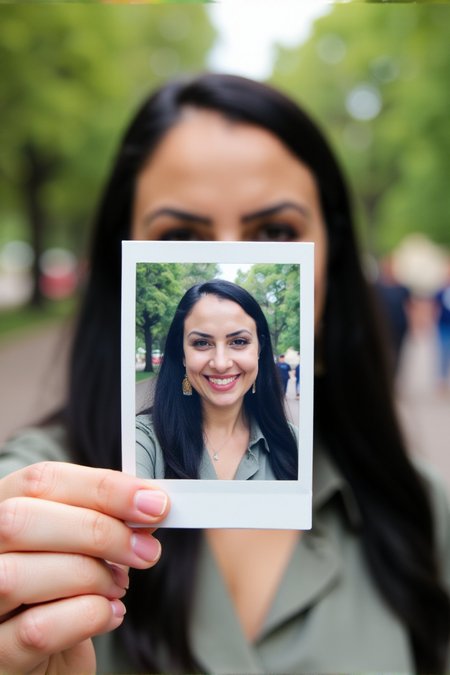 A woman, Ezada, is holding a Polaroid photo of herself in front of her face. The background of the image is blurred, showing a park or outdoor setting with trees and people in the distance. The focus is on the Polaroid, creating a visual contrast between the sharp, happy image in the photo and the blurred, real-life background behind it.<lora:Mistress_Ezada_Sinn:1>âââ
