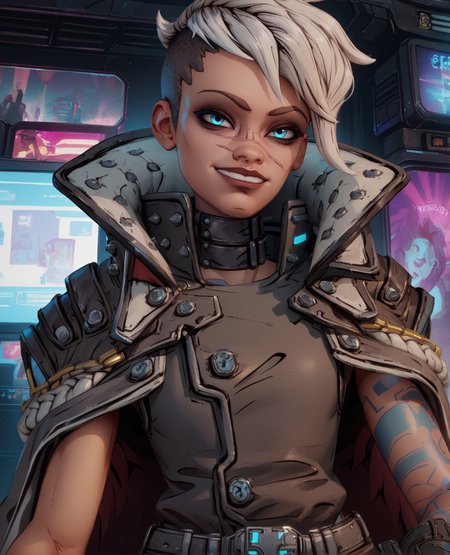 score_9,score_8_up,score_7_up,
Tyreen,white hair,blue eyes,two-tone hair,scar on face,undercut,eyebrow cut,smug,  left arm tattoo,  
fingerless gloves,sleeveless,belt,pants,collar,shirt,brown top,coat,
standing,upper body,
cyberpunk,tv show,
<lora:TyreenCalypso91:0.8>,