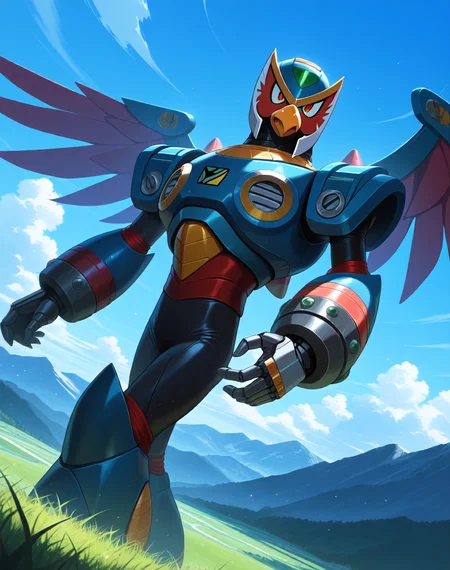 <lora:Storm_Eagle_(Mega_Man_X)_(Illustrious)_(AD):1.35> Storm Eagle, reploid, MMX, 
((
exterior, blue sky with clouds, mountain valley, grassy valley, 
dutch angle, dynamic action, cowboy shot, 
male focus, intense shadows, dynamic shadows, intricate details, attention to details, gradient coloring, robot, beak, bright vivid colors, deep metallic colors, glossy metal body, wings, 
):1.5), 
BREAK very awa, masterpiece, best quality, amazing quality, very aesthetic, highres, absurdres, 
EZRealPONYXL, zPDXL, Smooth Quality, lazynsfw,