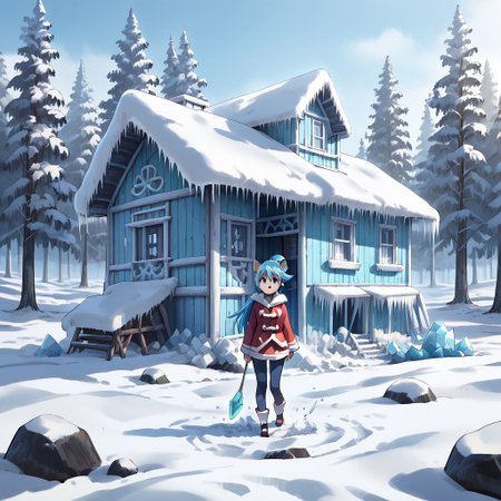 best quality, highres, high resolution, score_9, score_8_up, score_7_up, score_6_up, score_5_up, score_4_up, 1 female, aqua is wearing Santa outfit, her outfit is made of snow crystals,  (Aqua_(Konosuba):1), fr0stwrld, snow, ice, <lora:Fr0stWrld-v10:1.2> , <lora:Aqua Pony:1> ,full body, front yard of a house in snow forest, snow background, standing , anime pose, trickster face