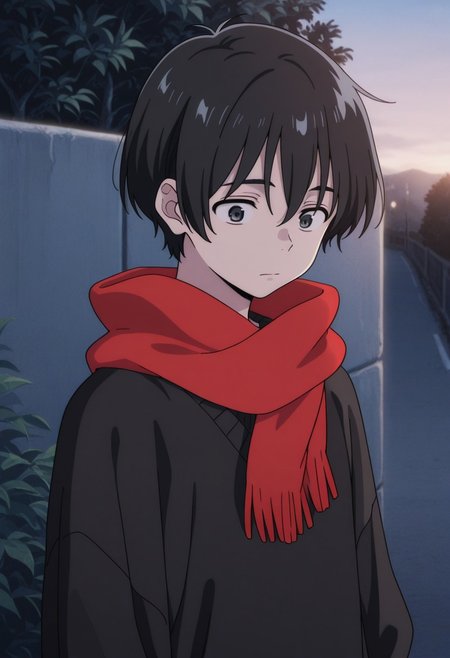 masterpiece,best quality,amazing quality, source_anime, 
MioChibana, 1boy, male focus, solo, black eyes, black hair, short hair, black sweater, red scarf, outdoor,