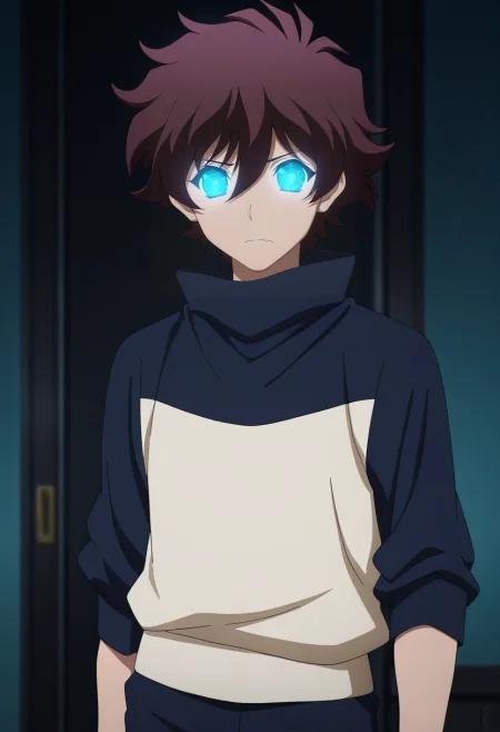 masterpiece, best quality, anime screencap, official style, anime coloring, cowboy shot, 1boy, solo, male focus, <lora:leonardo_watch_ilxl:1>, leonardo_watch, brown hair, short hair, hair between eyes, bangs, blue eyes, glowing eyes, ,