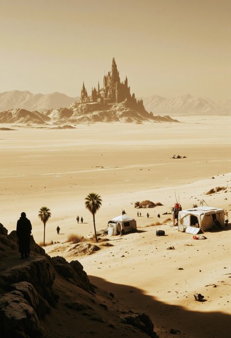 artilands02, v8s, Endless Dunes of Silence: A vast, empty desert stretches endlessly under a sky the color of faded ash. The dunes, soft and rolling, seem to consume everything in their path, leaving no trace of life. In the distance, the faint outline of an ancient, crumbling temple rises from the sand, its once-proud spires now broken and battered by centuries of wind and time. The air is thick with dust, and the sunlight, dim and unforgiving, casts long shadows over the barren landscape, creating an atmosphere of isolation and forgotten history. Shadowy tents cluster along the shore, their canopies billowing softly, while spectral banners ripple in the warm night air. Palm trees sway with an unnatural stillness, their leaves barely stirring despite the distant murmur of shifting sand.