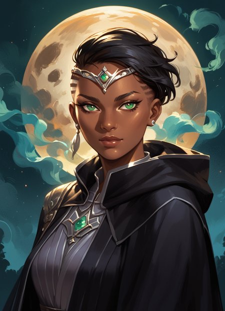 score_9, score_8_up, score_7_up, score_6_up, score_5_up,
1girl, solo, green eyes, dark-skinned female, dark skin, black hair, sidecut, circlet,
dark cloak, night, dark, hood,
abstract background, dynamic, masterpiece, best quality, sharp_details, game_cg
 <lora:Vivien_Reid_-_Magic_the_Gathering:1>
