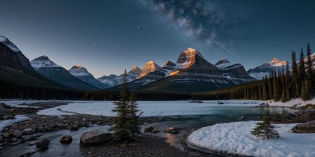 Beautiful outdoor, nature, no humans, mountain, glacier national park, dark twilight, forest, masterpiece, sharp focus, photorealistic rendering, extremely detailed